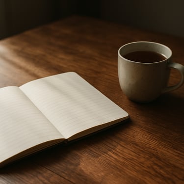 Close-up of a wooden table with a notebook and a cup of tea, soft morning light, representing a space for reflection and growth.