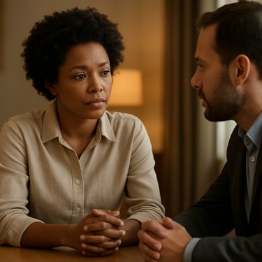 Two people in a professional session, engaged in a focused and empathetic conversation, warm interior lighting, natural and calm vibes.