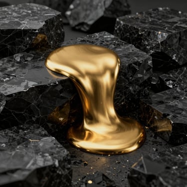 Liquid gold texture flowing over dark geometric obsidian blocks, high-contrast chiaroscuro lighting, premium 3D render
