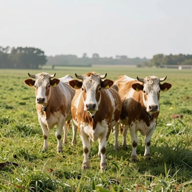 Healthy grass-fed cows standing in a clean open pasture, bright morning daylight, organic farming editorial photography