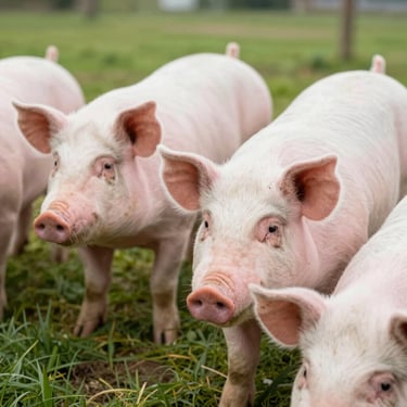 Close-up of healthy pasture-raised pigs in a clean outdoor paddock, bright natural light, shallow depth of field