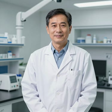 Dignified studio portrait of a dental research scientist in a modern laboratory setting, professional and precise, square aspect.