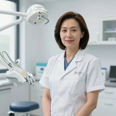 Dignified studio portrait of a female dental professor in a modern clinical setting, professional and welcoming, 35mm lens, square aspect.