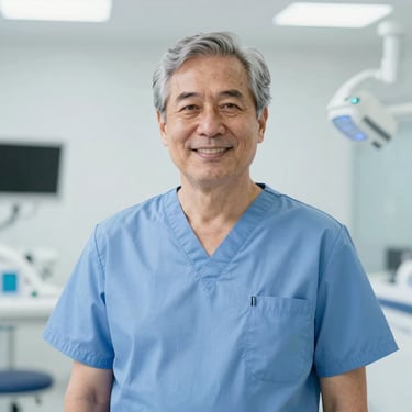 Dignified studio portrait of a senior dental faculty member in clean clinical scrubs, warm authentic expression, crisp details, square aspect.