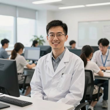Portrait of a male technology researcher Marcus Chen smiling in a modern learning center, clean natural light, friendly and approachable