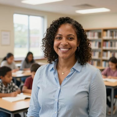 Portrait of a female community organizer Alisha Brooks smiling in an Ohio library, warm natural light, friendly and inviting