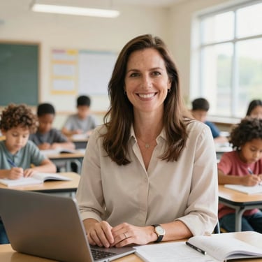 Portrait of a female educator Dr. Elena Vance smiling in a bright Ohio classroom, warm natural lighting, professional and welcoming