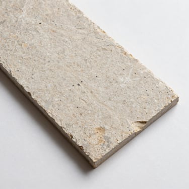 Overhead studio shot of a stone tile sample on a white surface — grain, veining and cut edge sharply lit, no shadow ambiguity, no decorative objects