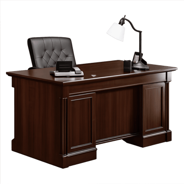 Classic dark wood executive desk with leather chair and modern desk lamp for office workspace.