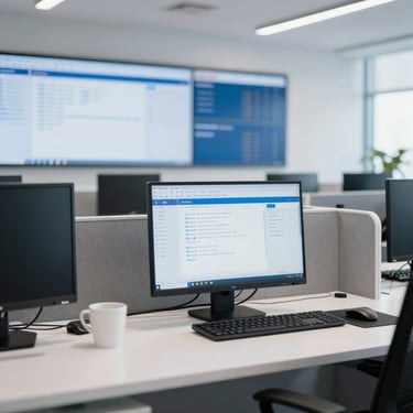 Modern bright corporate office with clean desks and professional monitoring dashboards in the background, sharp focus, 35mm