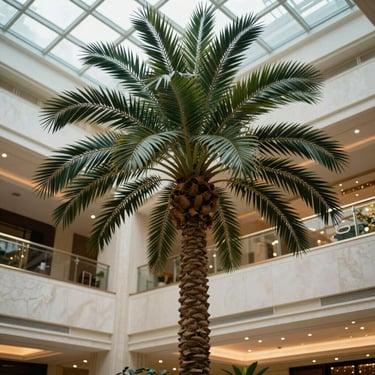 A majestic bespoke artificial palm tree with natural fiber trunk reaching towards a high glass ceiling in a luxury hotel lobby