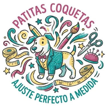Imagen  a crayola de perro con traje rodeado de herramientas de sastrería y artículos de costura.