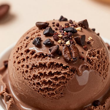 Close-up of a dense chocolate ice cream scoop, single-origin cacao nibs scattered on top, rich dark brown tones, luxurious editorial food photography