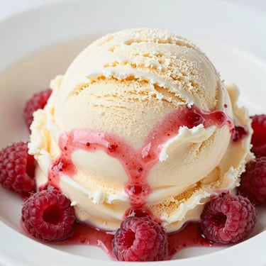 Close-up of a creamy vanilla ice cream scoop swirled with fresh organic raspberry coulis, soft pink highlights, bright natural light