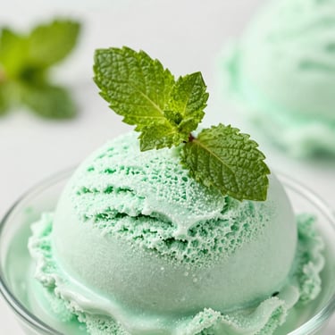 Close-up of a sculpted scoop of organic mint ice cream, decorated with fresh bruised mint leaves, soft pastel green and white lighting, shallow depth of field