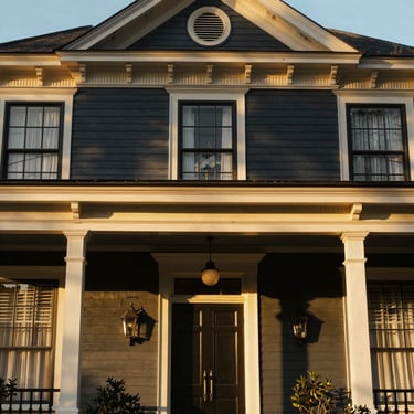 A close-up of a beautifully restored historic craftsman home facade in Griffin, Georgia, warm morning light, elegant architectural details, 35mm.