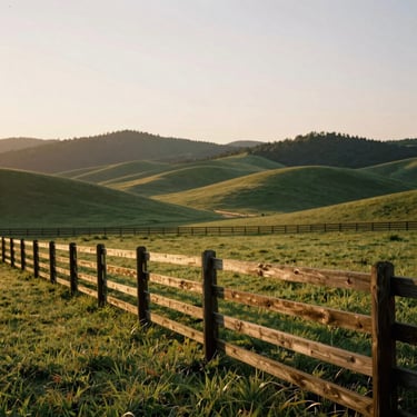 Sprawling green pastures and rolling hills of Central Georgia land at sunset, golden-hour light catching the rustic wooden fence, 35mm.