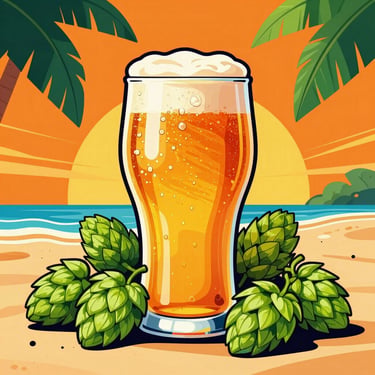 Vibrant pop art illustration of a cold IPA beer glass with condensation, fresh green hop cones around it, bright orange beach background, bold graphic lines.