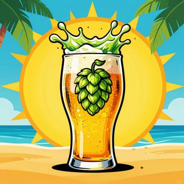Vibrant pop art illustration of a double IPA beer glass, explosive green hop splash, bright yellow tropical sun background, retro surf aesthetic.