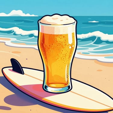 Vibrant pop art illustration of a golden blonde ale glass on a surf board, ocean waves in the background, sunny beach lighting, bold graphic outlines.