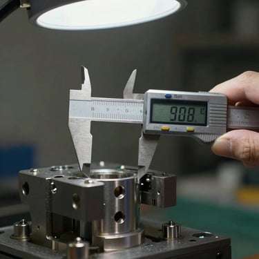High-contrast macro photograph of a finished metal sub-assembly clamped in a calibration fixture, digital caliper measuring a critical bracket under sharp overhead factory lighting