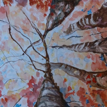 A painting looking up at trees