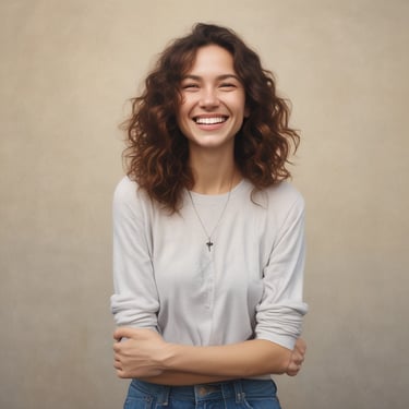 Portrait of a young professional woman smiling with crossed arms.