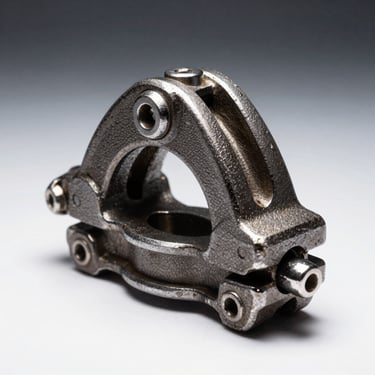 Forged iron structural clamp, high-contrast directional studio lighting, metallic textures and form, 50mm