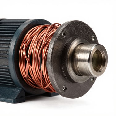 Heavy-duty electric motor copper windings inside a power tool, sharp directional studio lighting, high-contrast macro, 50mm