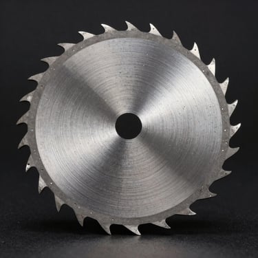 Precision-milled circular saw blade teeth, crisp industrial product photography, high-contrast metallic textures, 50mm