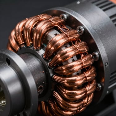 Close-up of copper windings inside a high-performance electric motor, sharp highlights, industrial precision