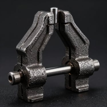 Macro shot of heavy-duty iron fabrication clamp, dark charcoal tones, high contrast