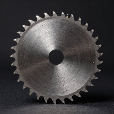 Straight-on profile of a circular saw blade with carbide teeth, metallic reflections, dark background