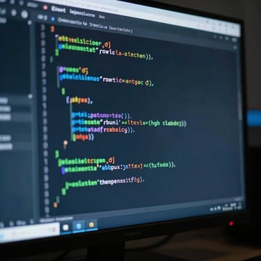Macro shot of clean code displayed on a high-density monitor, low-key lighting with a subtle cool blue and green ambient glow, reflecting off glass.
