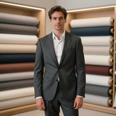 A portrait of a male textile consultant wearing a sharp charcoal suit, standing in a brightly lit modern showroom with rolls of premium fabric behind him.