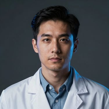 Close-up high-contrast editorial portrait of a male growth engineer, low-key lighting, cool blue rim light, professional but sharp aesthetic, dark charcoal background.