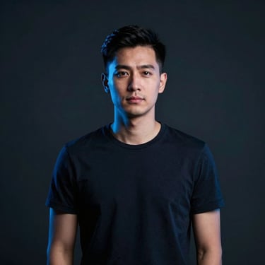 Portrait of a creative director in a dark studio, neon blue ambient light, professional, modern editorial style, square aspect