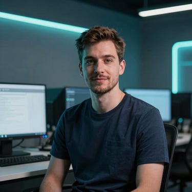 Portrait of a lead developer in a modern tech workspace, subtle neon mint lighting, sharp focus, square aspect