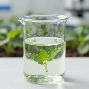 Liquid agricultural nutrient solution in a clear beaker, laboratory setting, bright light, professional agricultural photography