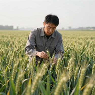 Agronomist inspecting healthy wheat crop in field, minimal pest damage, crisp morning light, professional agricultural photography