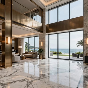 Finished luxury residential lobby with marble floors, brushed steel accents, and panoramic sea views through massive windows.