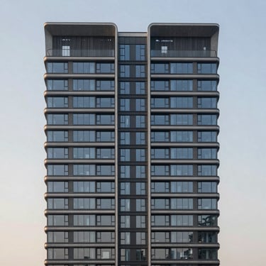 Symmetrical architectural elevation of a luxury tower, minimalist concrete and glass facade, overcast twilight lighting.