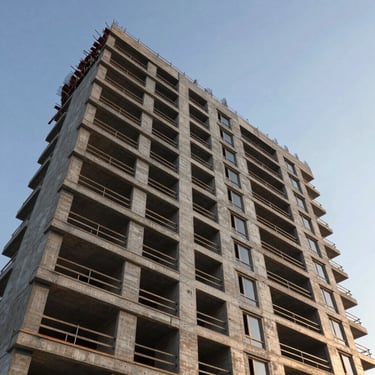 Low-angle architectural shot of a modern residential building under construction, raw premium concrete and steel details, twilight.