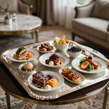 A silver tray with organic, nutrient-dense gourmet meals served in a luxury hotel room.