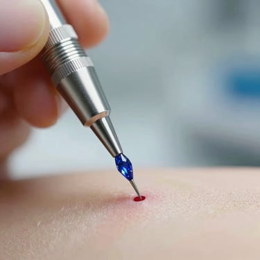 Macro shot of a sterile sapphire tip preparing a clean clinical incision site, bright diffused daylight