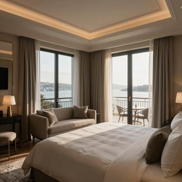 Immaculate luxury hotel suite interior with plush neutral bedding, soft morning light, and views of the Bosphorus.