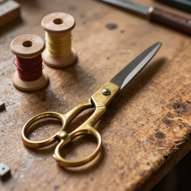 Vintage brass scissors and wooden thread spools on a rustic workshop table, warm morning light