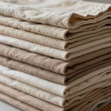 Neat stack of folded heavy linen and organic cotton fabrics in natural oatmeal and soft clay colors