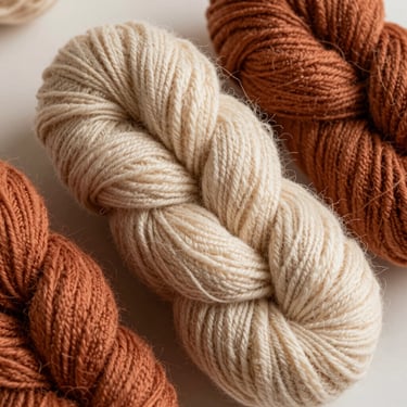 Close-up of soft organic wool skeins in earthy terracotta and warm cream tones, soft side lighting