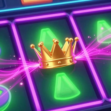 Vibrant 3D render of a golden crown and neon magenta fairy dust trails on a dark digital slot interface